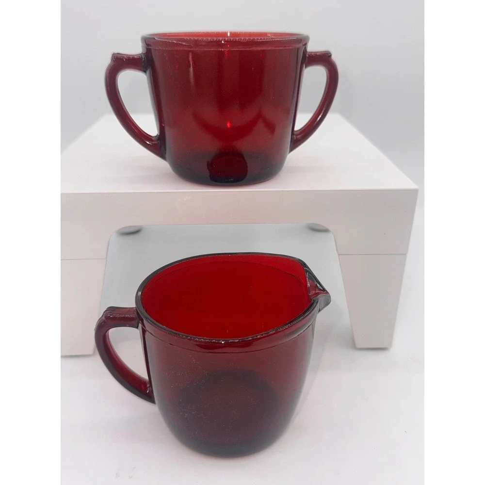 Vintage Ruby Red Glass Creamer and Sugar Bowl Set Double Handle 3 inch T